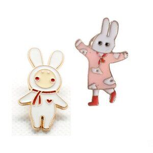Kawaii Cartoon Bunny & Dancing Bunny in Pink Dress Pins